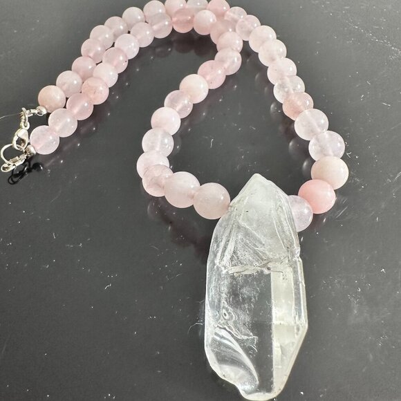 Conceptual Subculture Jewelry - Clear Crystal Quartz Rose Quartz Pendant Necklace Handmade Silver Choker Gift